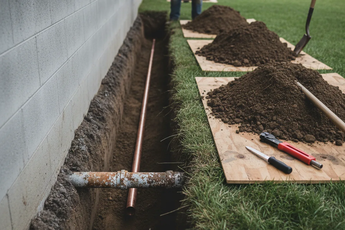 Excavated water line trench during Sewer Line Repair in Fresno